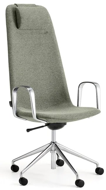 Stolička LANGLEY, vysoký sedák, s kolieskami a podrúčkami, brúsený hliník/zelenošedá