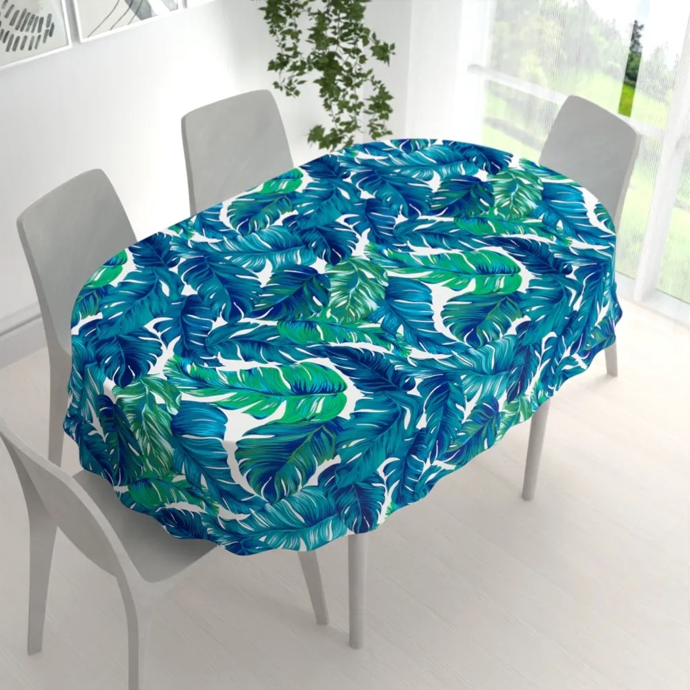 Biante Bavlnený oválny obrus Sandra SA-606 Modro-zelené tropické listy na bielom 100x140 cm