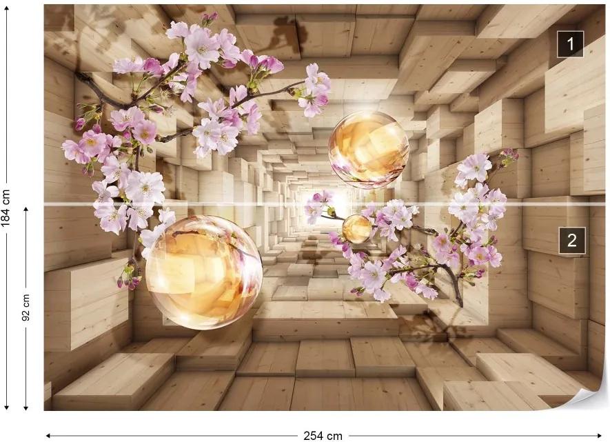 GLIX Fototapeta - 3D Tunnel Cherry Blossom Flowers Modern Design Vliesová tapeta  - 254x184 cm