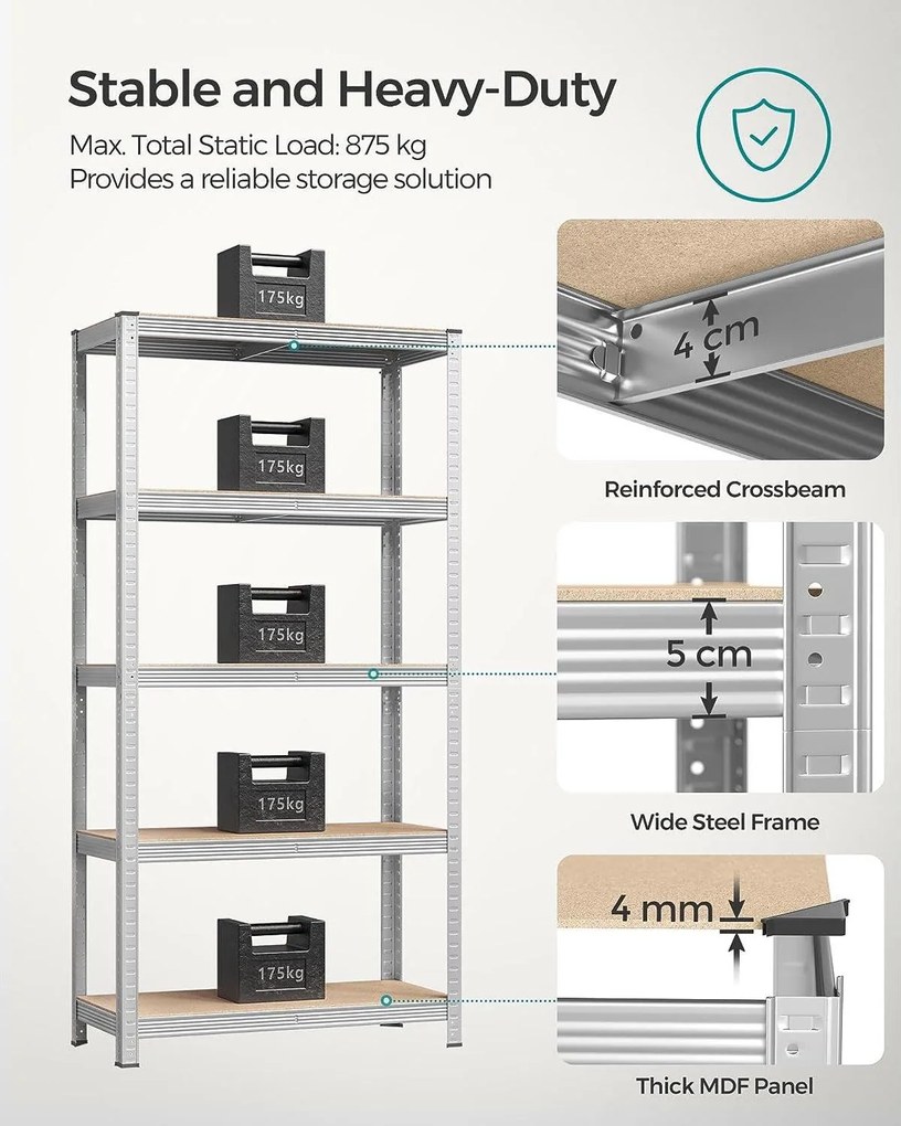 Regály 5-úrovňové s oceľovým rámom a vysokou nosnosťou, sada 2 ks, strieborné