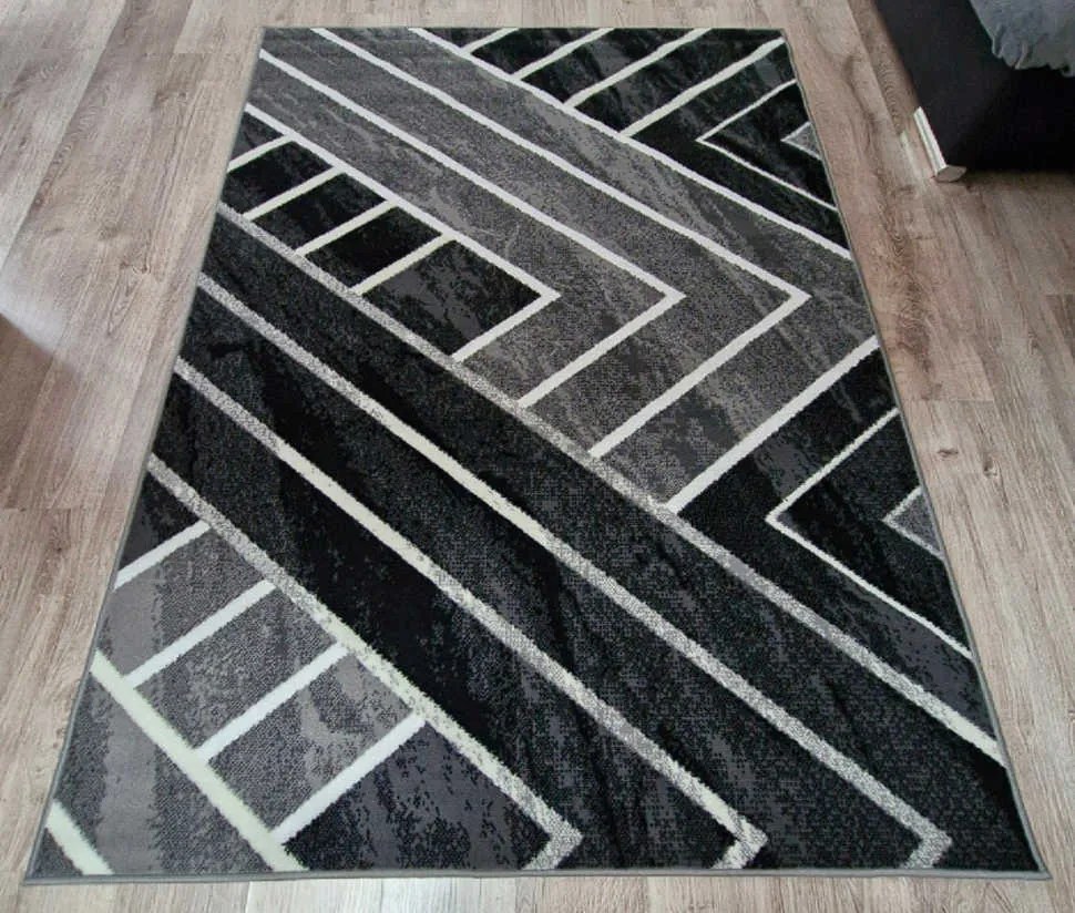 HU Sivý geometrický obdĺžnikový koberec NEW IDEA 90301-0433 s bielými čiarami Rozmer: 80x150 cm