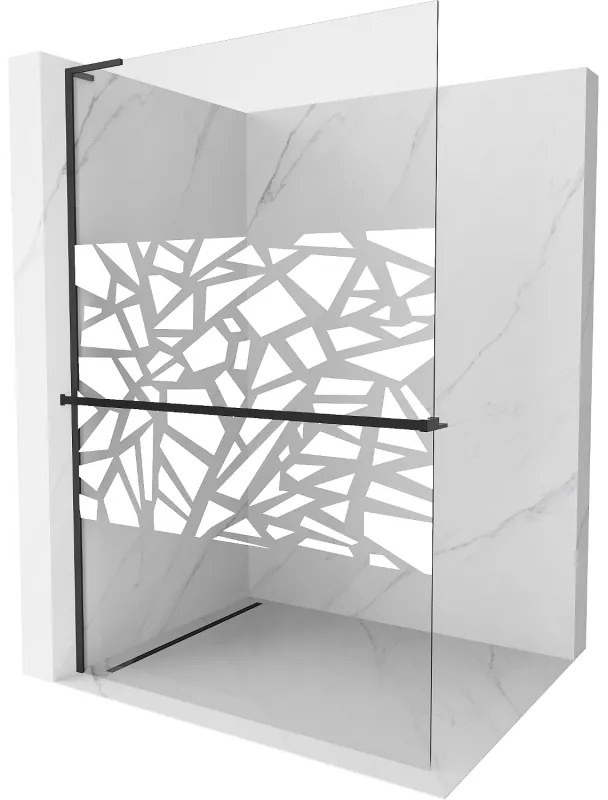 Mexen Kioto+ L, sprchová zástena Walk-In s poličkou a vešiakom 90 x 200 cm, 8mm číre sklo biely vzor, čierny profil, 800-090-123-70-85