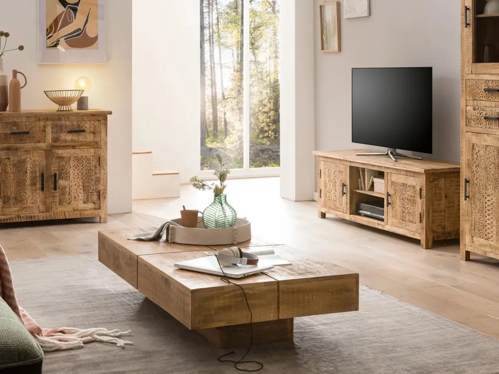 furniture-nabytek.cz - Masivní konferenční stolek Amberley z mangového dřeva, lakovaný, přírodní – 140×70 cm