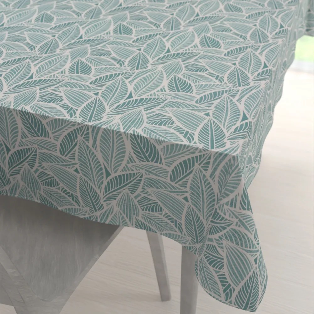 Biante Veľký dekoračný obdĺžnikový obrus Leona LN-166 Biele listy na modrozelenom 240x300 cm