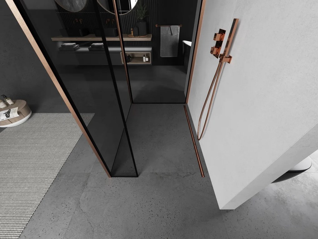 Mexen Kioto, 3-stenová sprchová zástena Walk-In 90 x 90 x 40 cm, 8mm číre sklo čierny vzor, medený matný profil, 800-090-090-221-65-70-040