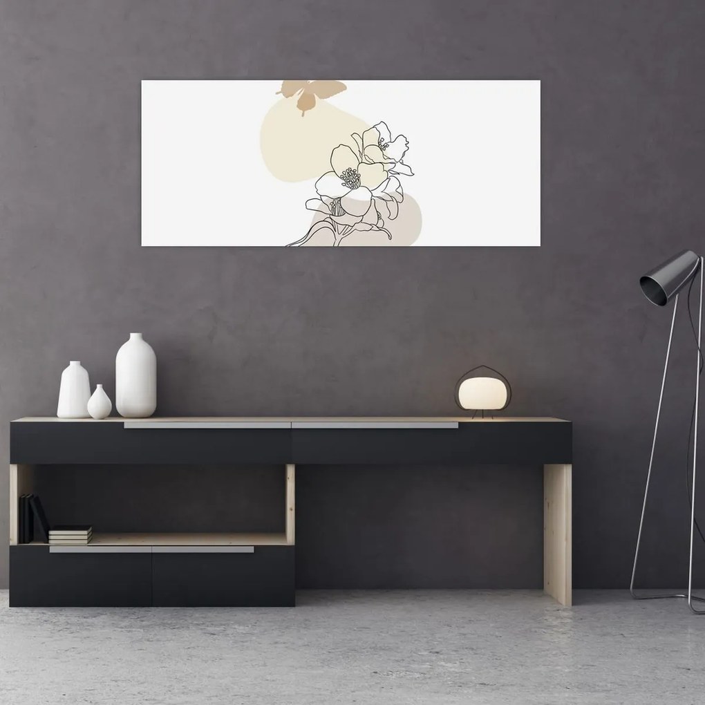 Obraz - Béžové kvety s motýľom N⁰3 (120x50 cm)