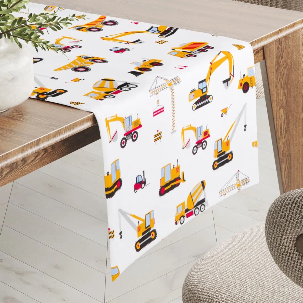 Biante Detský bavlnený behúň na stôl Sandra SA-081 Nákladné autá a bágre na bielom 35x120 cm