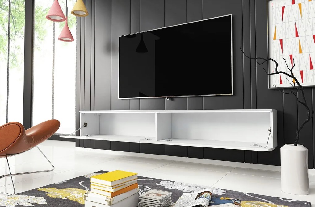 AKCIA - Minimalistický TV stolík Lowboard D 180 cm - biely / biely lesk