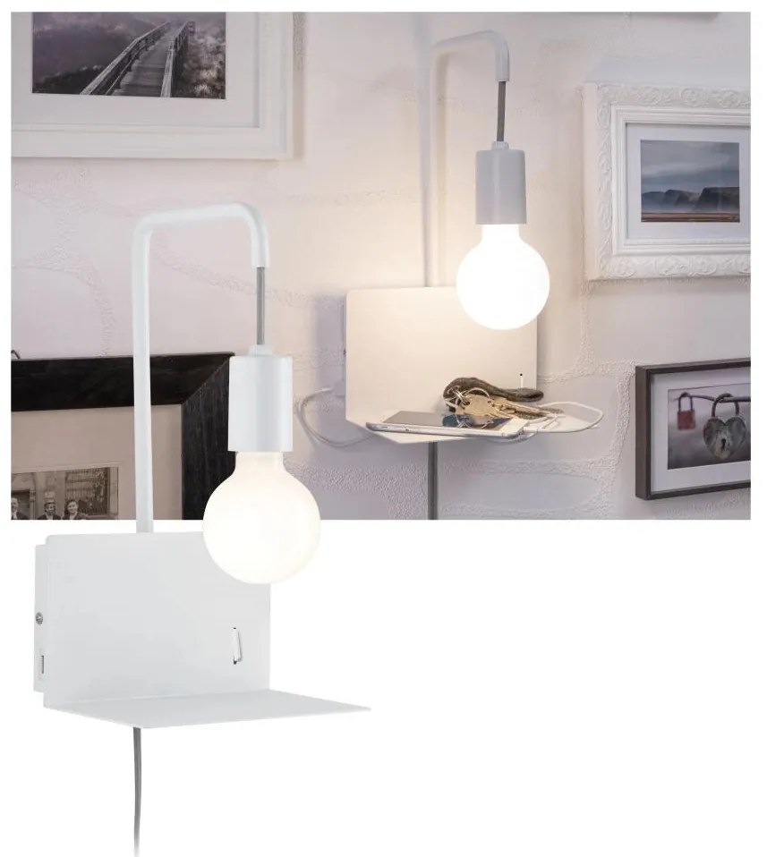 Paulmann 79812 - 1xE27/40W Nástenné svietidlo CALVANI s policou a USB, 230V, biele