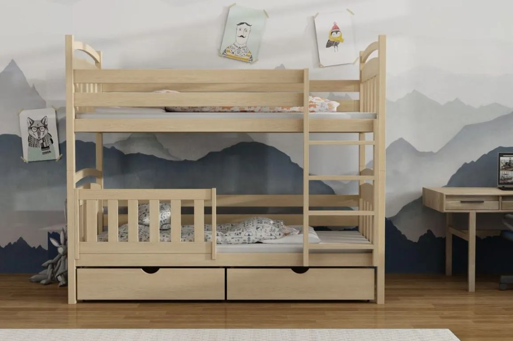 Detská poschodová posteľ z masívu borovice ADAM so šuplíkmi - 200x90 cm - PRÍRODNÁ BOROVICA
