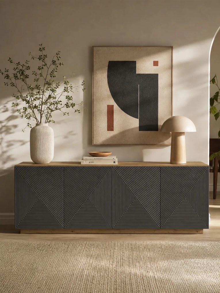 Komoda Asha 200 cm štvordverová - dub artisan / rivier stone mat