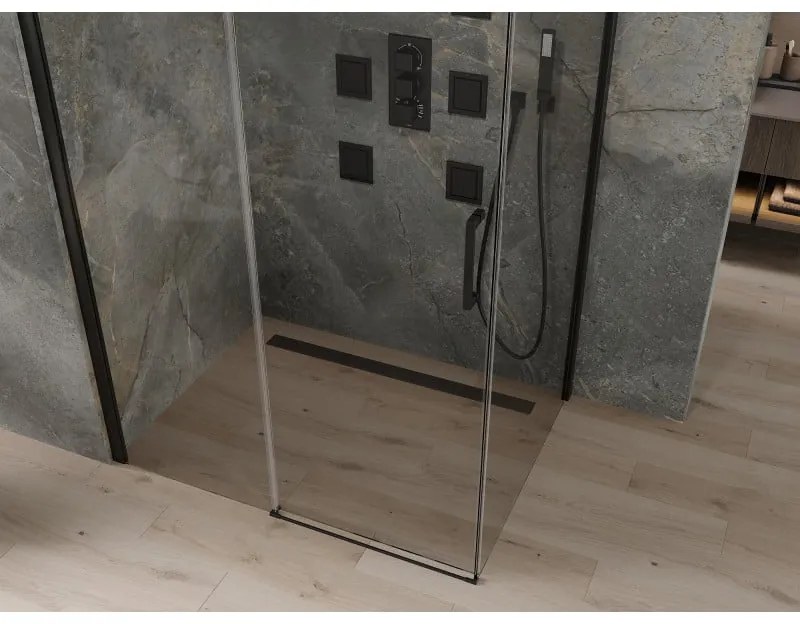 Mexen Omega, sprchovací kút s posuvnými dverami 110 (dvere) x 70 (stena) cm, 8mm sklo, čierny profil-číre sklo, 825-110-070-70-00
