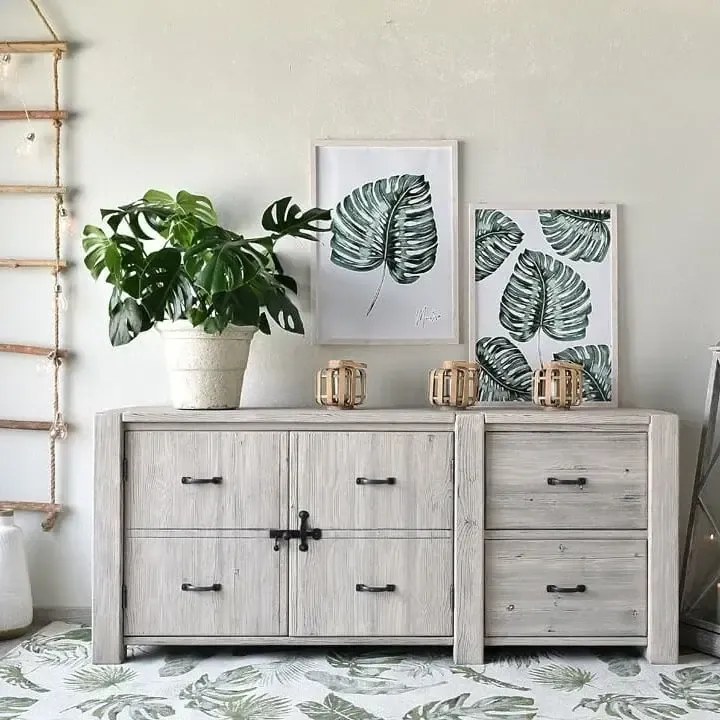 Široká vidiecka patinovaná drevená komoda s 2 zásuvkami a dvierkami, 180x48x77 cm