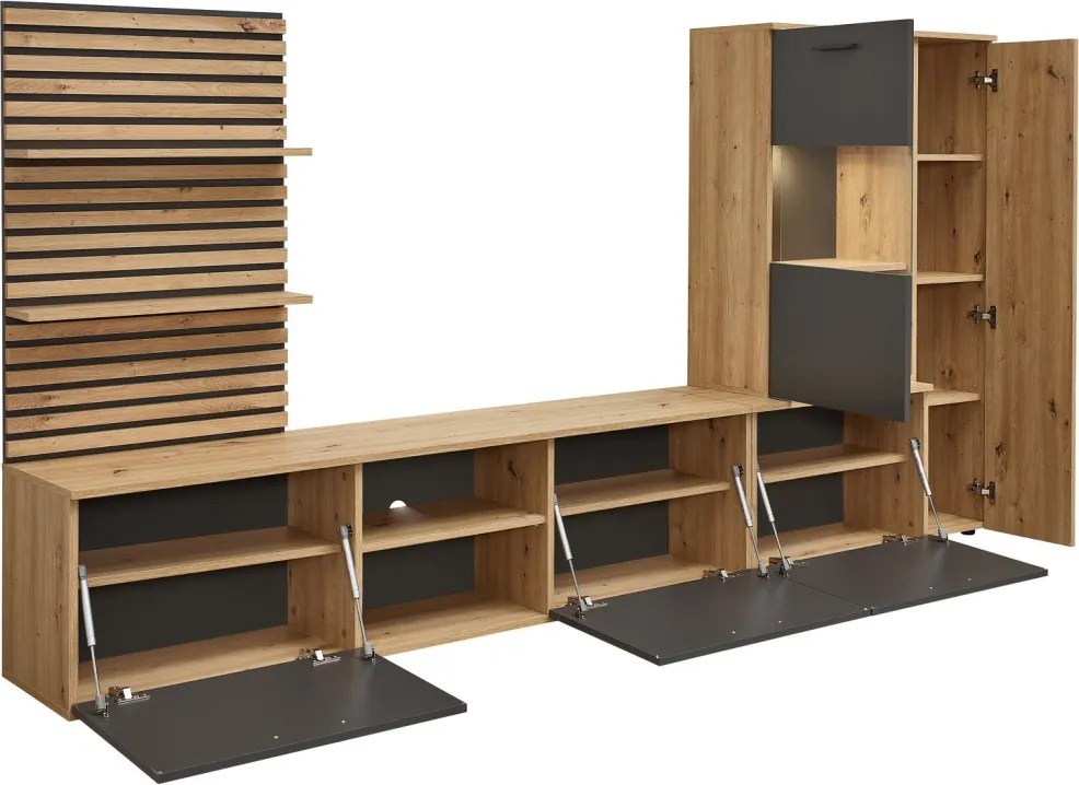 Obývacia  stena Heathrow, dub artisan/antracit, s osvetlením