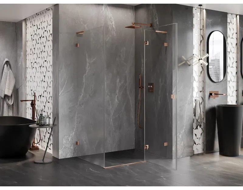 Mexen Lunar, L pravostranný výklopný sprchový kút 75 x 70 cm, 8mm číre sklo, profil medená matná, 834L-075-070-65-00-P