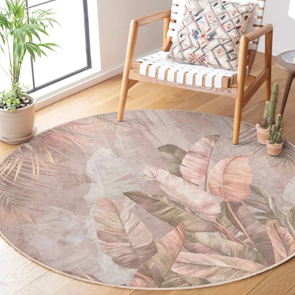Svetloružový prateľný okrúhly koberec ø 80 cm Dusty Leaves – Mila Home