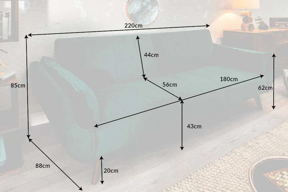Invicta Interior - Retro rozkladacia pohovka DIVANI 215 cm smaragdovo zelená, zamat, 3-miestna