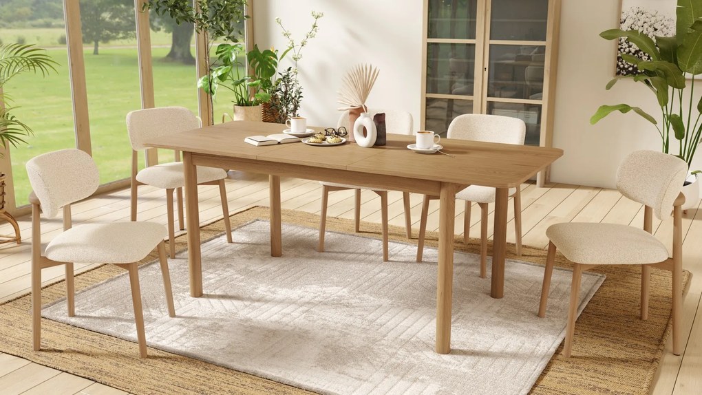 ALMO Krémová (látka Monza 90) / lakovaný dubový rám – DREVENÁ BOUCLÉ STOLIČKA DO OBÝVAČKY, JEDÁLNE A KUCHYNE V RETRO ŠTÝLE