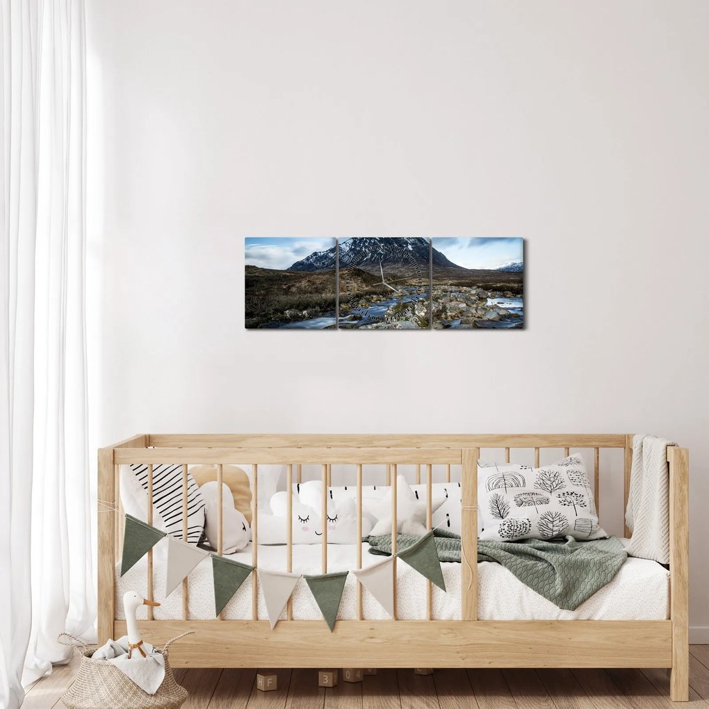 Obraz hory a rieky (s hodinami) (90x30 cm)