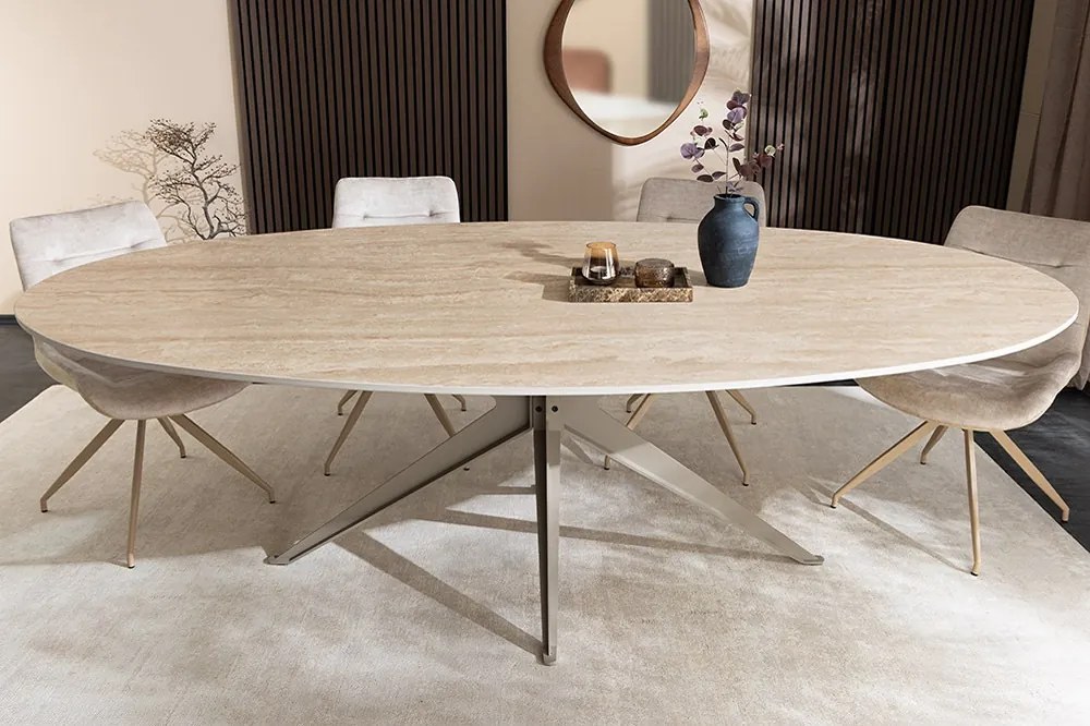 Oválny keramický jedálenský stôl Tavorian 220 cm travertín / šampanský