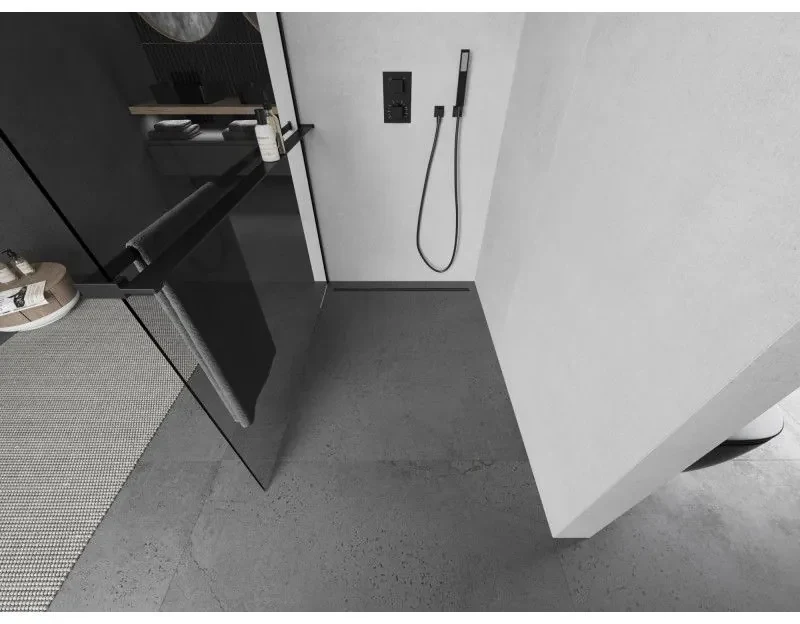 Mexen Kioto+ L, sprchová zástena Walk-In s poličkou a vešiakom 105 x 200 cm, 8mm číre sklo, čierny profil, 800-105-123-70-00