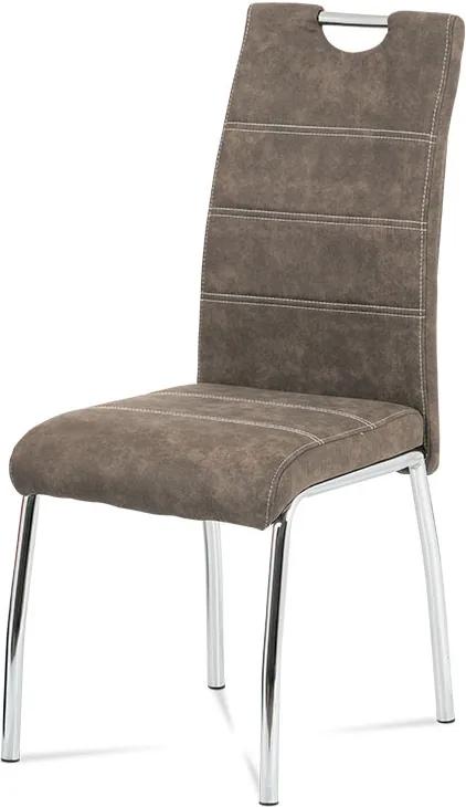 Jedálenská stolička, poťah hnedá látka COWBOY v dekore vintage kože, biele prešitie, kovová štvornohá chrómovaná podnož