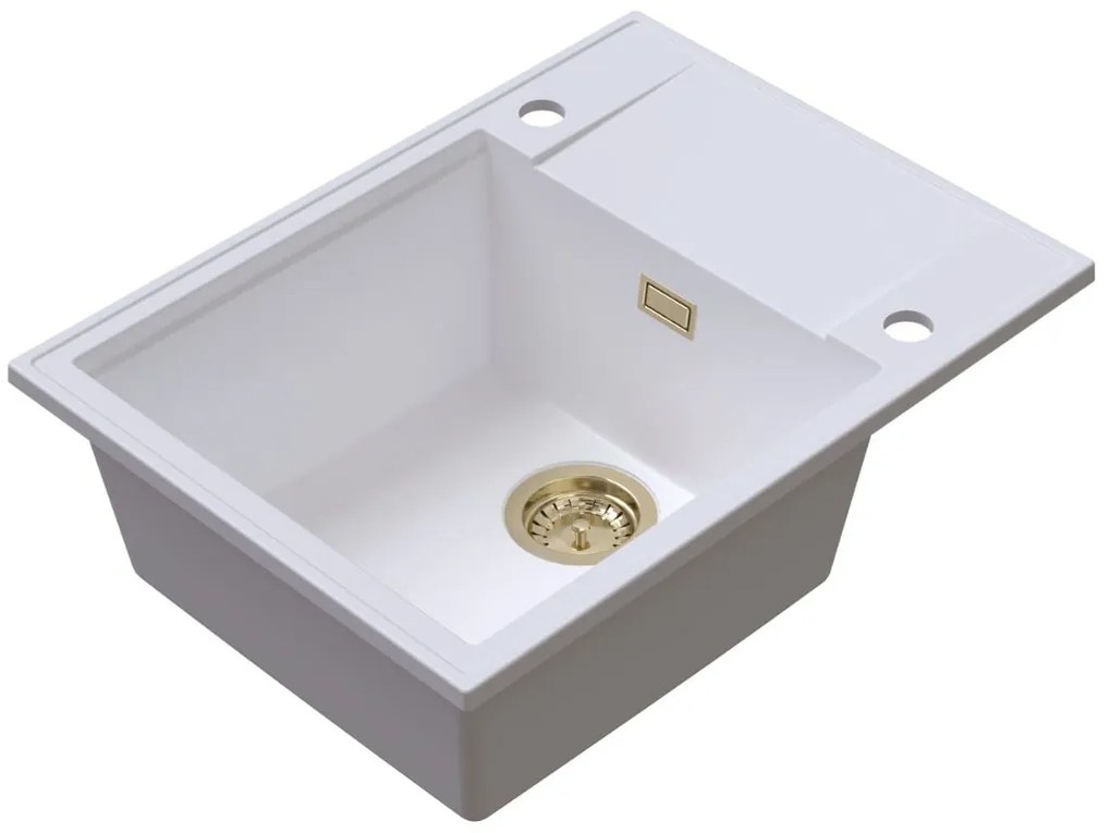 Sink Quality Sink55, kuchynský granitový drez 620x460x215 mm + zlatý sifón, biela, SKQ-SINK.W.1KKO.XG