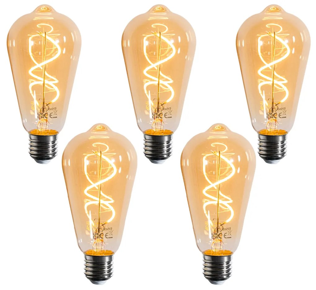 Sada 5 stmievateľných LED špirálových žiaroviek E27 ST64 zlatých 4W 270LM 2100K