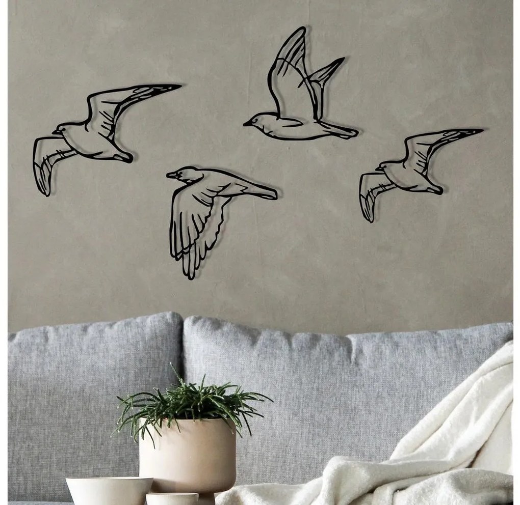 SADA 4x Nástenná dekorácia vtáci kov