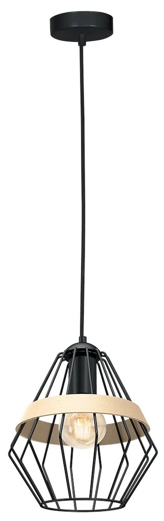 Závesné svietidlo Cliff, 1x drevené/čierne drôtené tienidlo, b