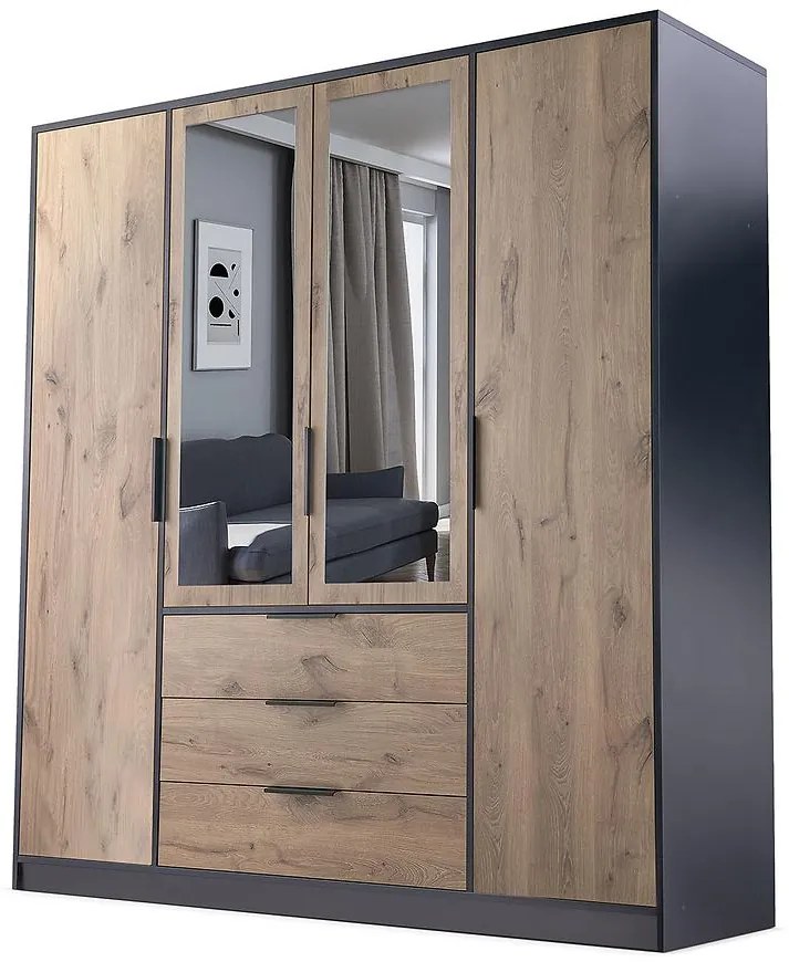 Skriňa DUARTE D4 čierna/dub viking/zrkadlo