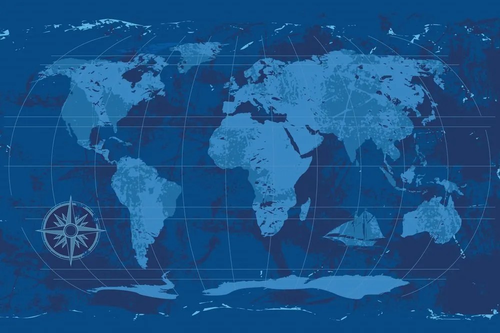 Tapeta rustikálna mapa sveta v modrej farbe - 150x100