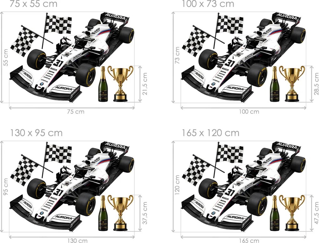 Biela formula F1 textilní prelepiteľná nálepka na stenu hárok 75 x 55 cm