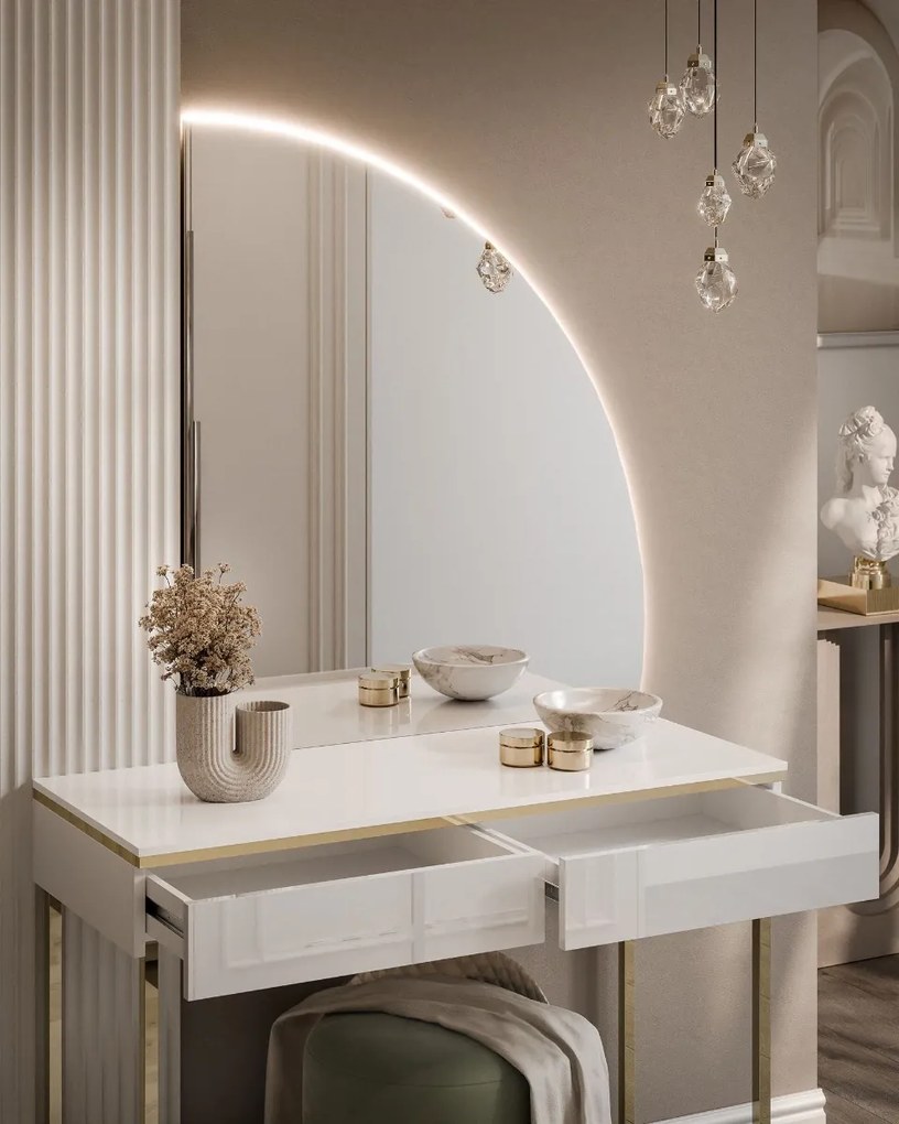 TOALETNÝ STOLÍK NESSIE BIELY LESK PRAVÝ + ZLATÝ PODSTAVEC + ZRKADLO POLMESIAC