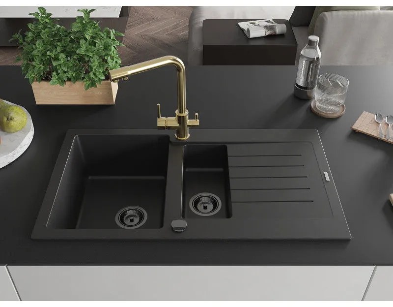 Mexen Matias, granitový drez 900x505x200 mm, 1,5-komorový a zlatá batéria Duero, čierna, 6502-77-671600-50-B