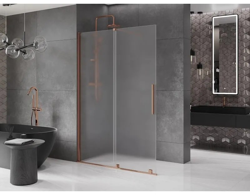 Mexen Velar, sprchová zástena s posuvnými dverami Walk-in 140 x 200 cm, 8mm sklo námraza, ružové zlato, 871-140-000-33-60