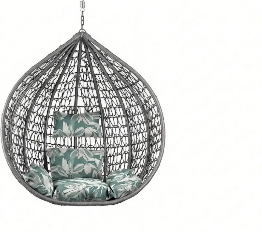 Sivé závesné kreslo KOKON bez stojana, zeleno-biely vankúš