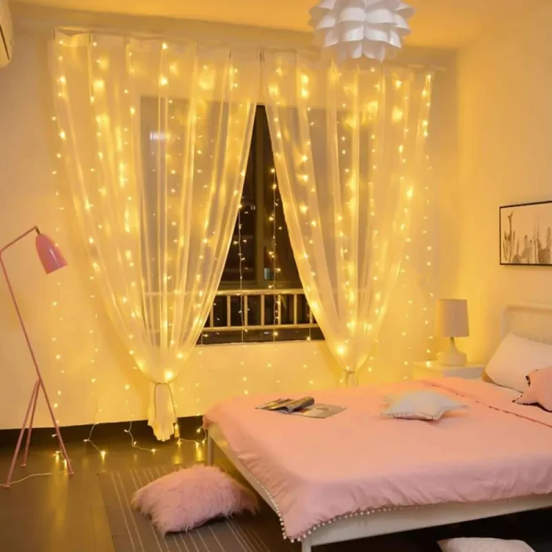 SPRINGOS LED svetelný záves Nano kvaple - 3x2m, 400LED, 8 funkcií, teplá biela