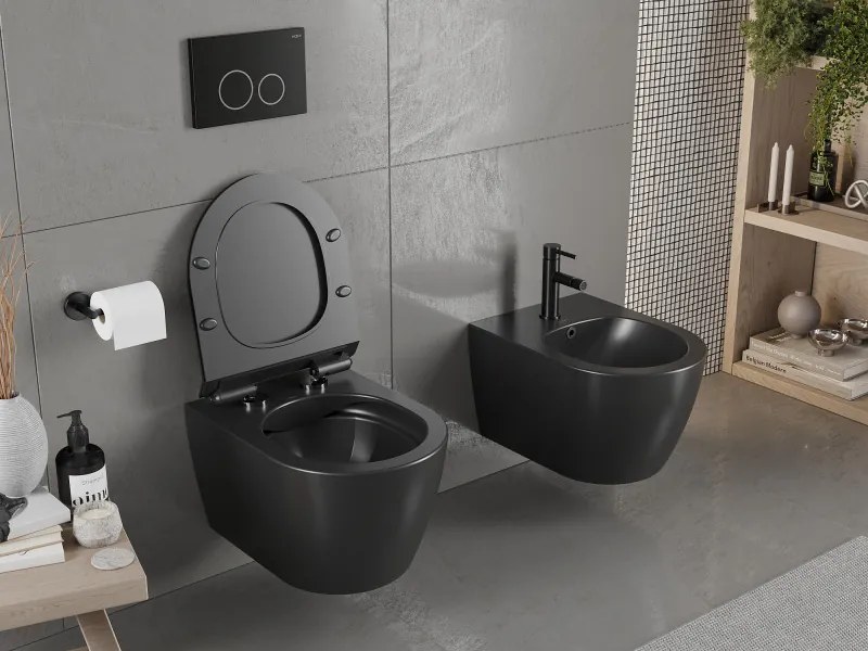 Mexen Carmen závesné wc Rimless s toaletným Slim sedátkom z duroplastu, čierna matná - 30880185
