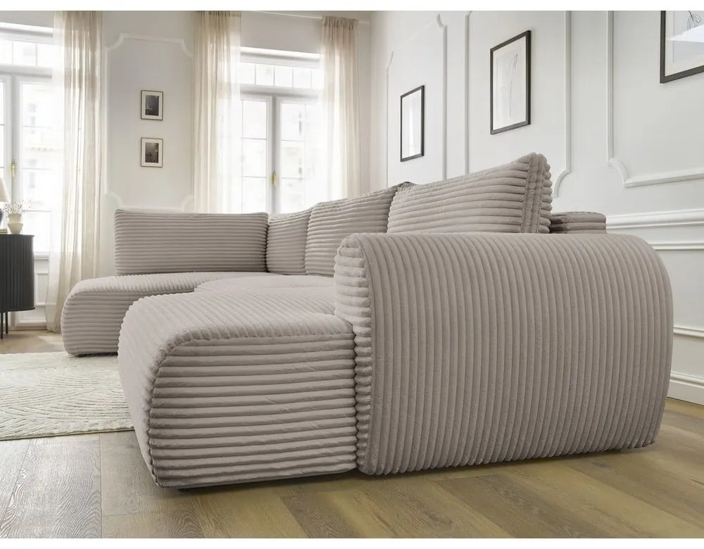 Svetlosivá/béžová menčestrová rozkladacia/s úložným priestorom rohová pohovka (ľavý roh/do tvaru "U") Lucien – Bobochic Paris