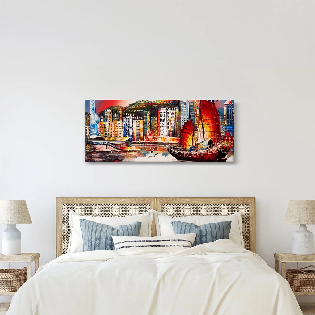 Obrázok - Victoria Harbor, Hong Kong, olejomaľba (120x50 cm)