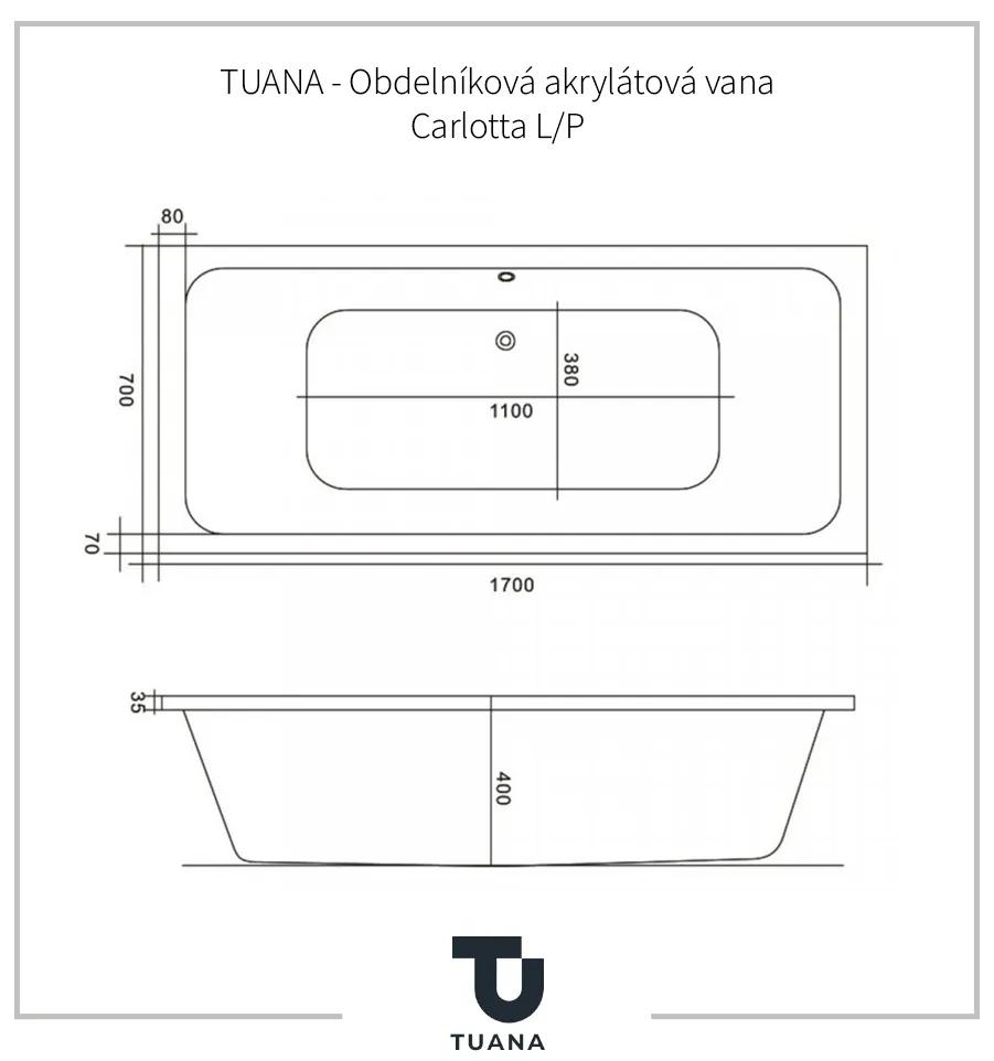 TUANA - Obdĺžniková akrylátová vaňa Carlotta Ľ/P - s príslušenstvom - biela lesklá - 170x70 cm