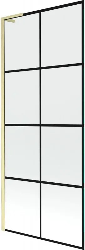 Mexen Next L, 1-krídlová vaňová zástena 80 x 150 cm, 6mm číre sklo-čierny vzor, zlatý matný profil, 895-080-000-03-77-55