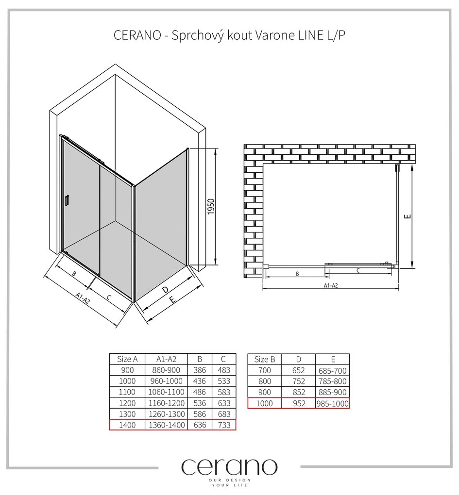 CERANO - Sprchovací kút Varone LINE L/P - čierna matná, grafitové sklo - 140x100 cm - posuvný, CER-CER-8050BD7227
