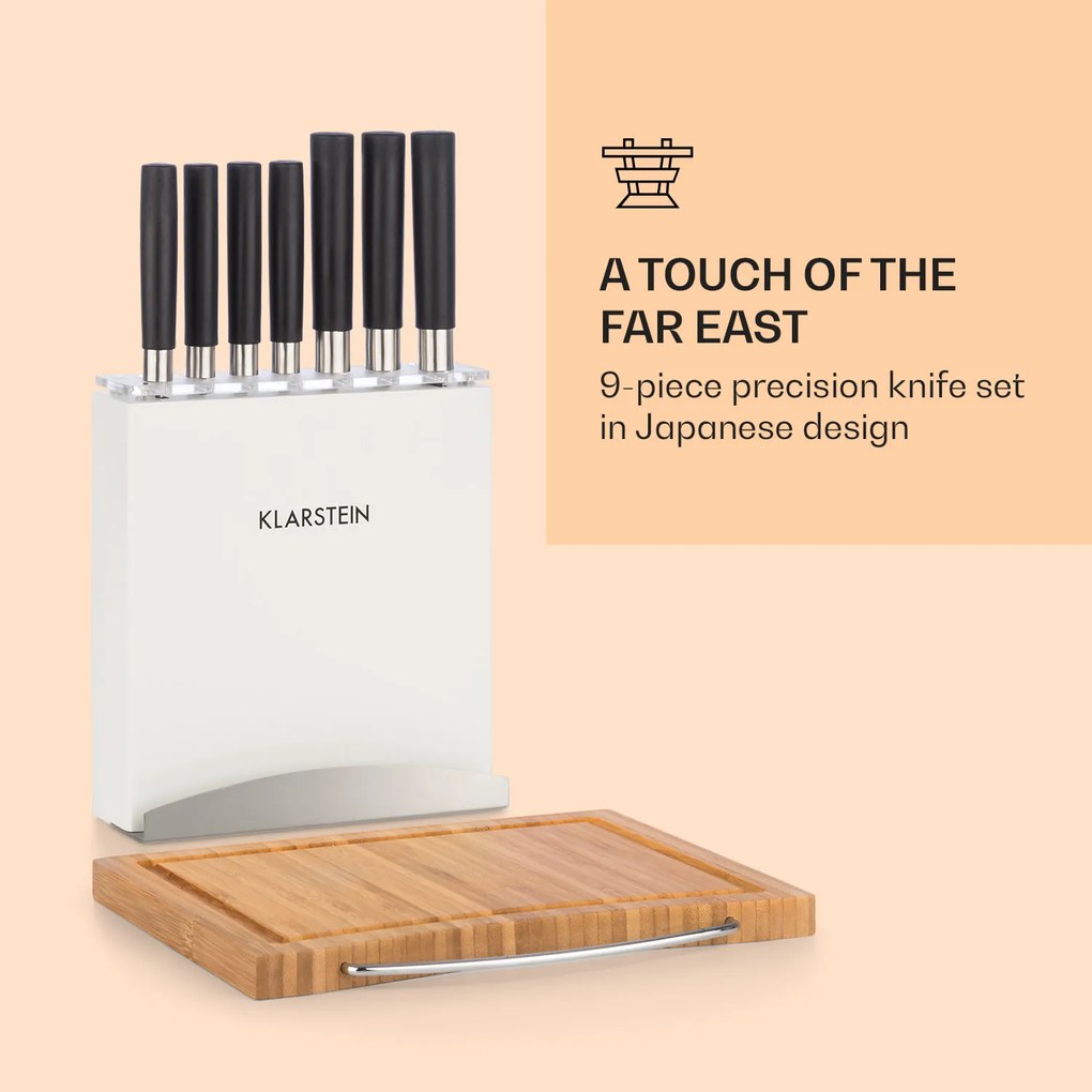 Klarstein Kitano Plus, sada nožov, 9-dielna, drevený stojan, bambusová krájacia doska, biela