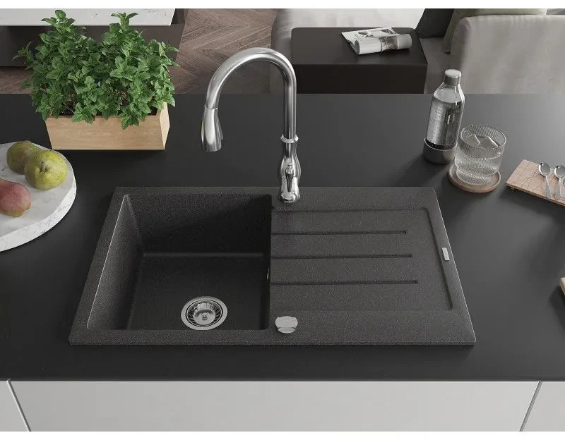 Mexen Bruno, 1-komorový granitový drez 795x495x200 mm a drezová batéria Savita, čierna škvrtnitá, 6513-76-672601-00