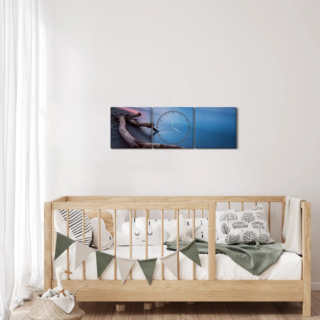 Obraz pláže pri západe slnka (s hodinami) (90x30 cm)