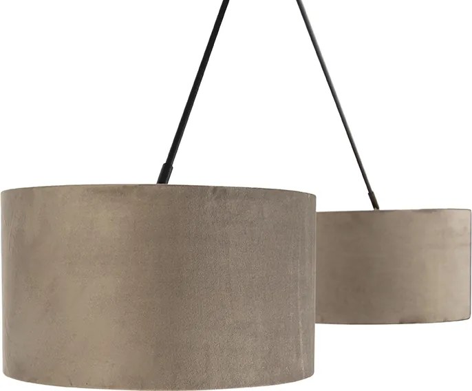 Závesné svietidlo čierne s tienidlami z taupe zamatu so zlatom 35 cm 2-svetlo - Blitz