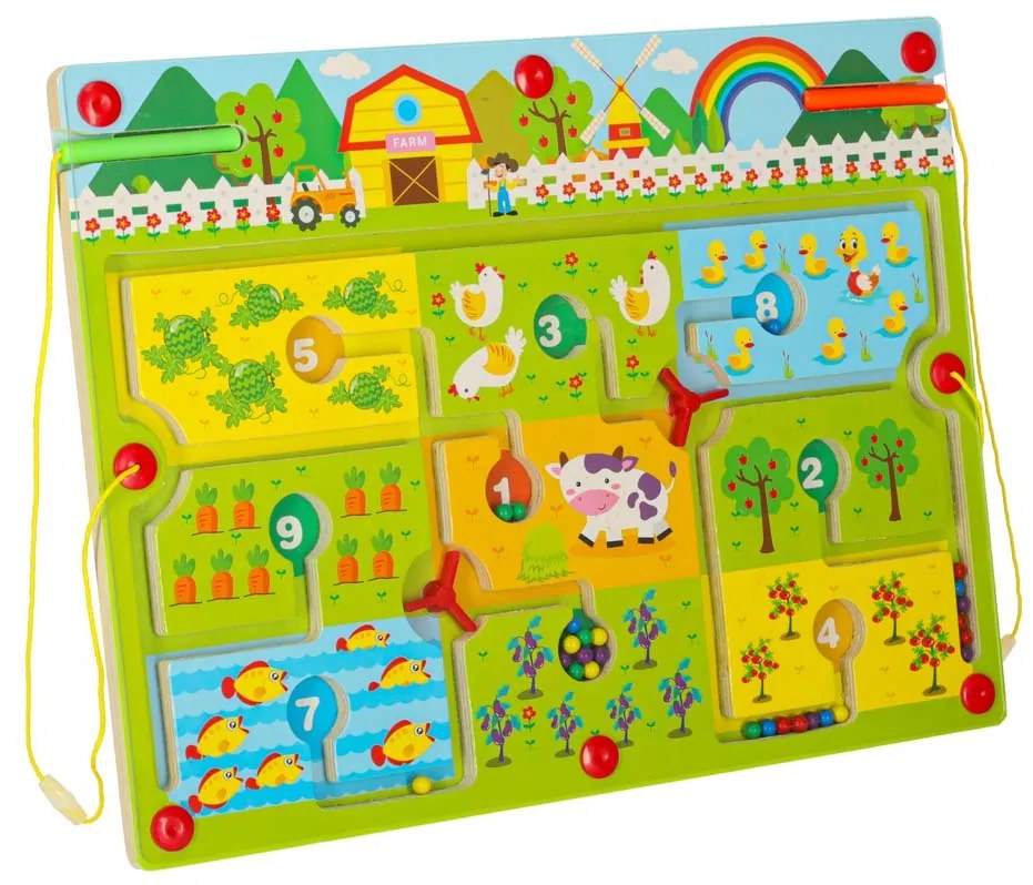 KIK Magnetická cestovná hra – Drevené bludisko na farme pre deti 3+ s magnetickou fixkou