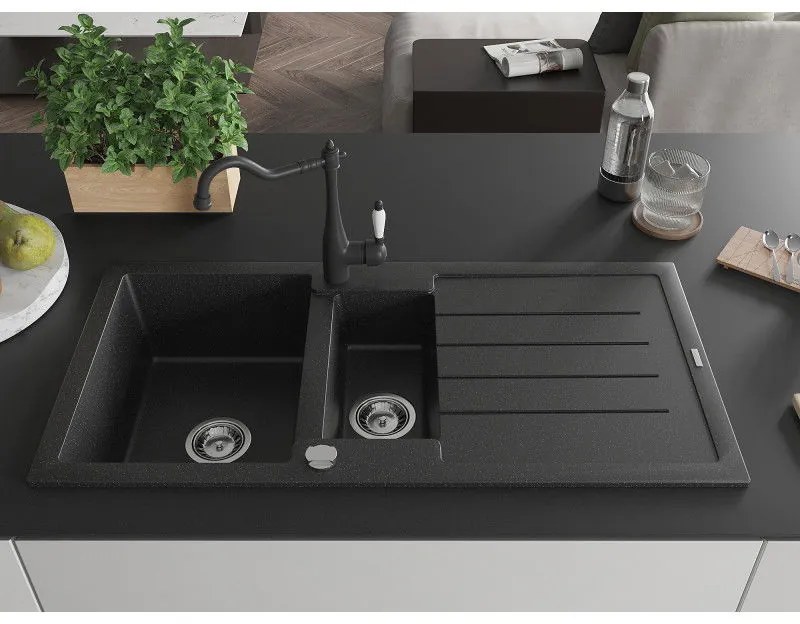 Mexen Andres, granitový drez 1000x500x200 mm, 1,5-komorový a drezová batéria Carla, čierna-strieborná metalíza, 6515-73-670700-70